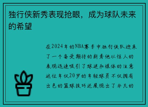 独行侠新秀表现抢眼，成为球队未来的希望